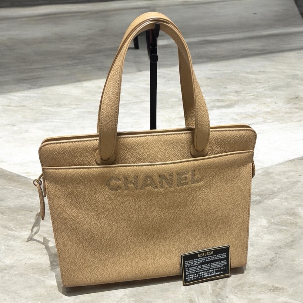 CHANEL Vintage 1997 Beige Caramel Caviar Leather Logo Tote Bag